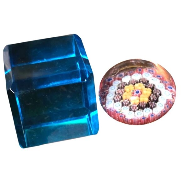 2 Paperweights Millefiori Glass Round Square Blue Crystal Apx. 2" - Picture 1 of 15